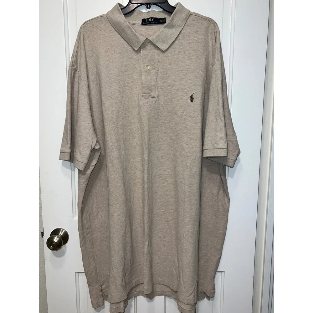 Polo Ralph Lauren Mens 4LT Tall Heathered Beige Tan Cotton Pique Polo Shirt